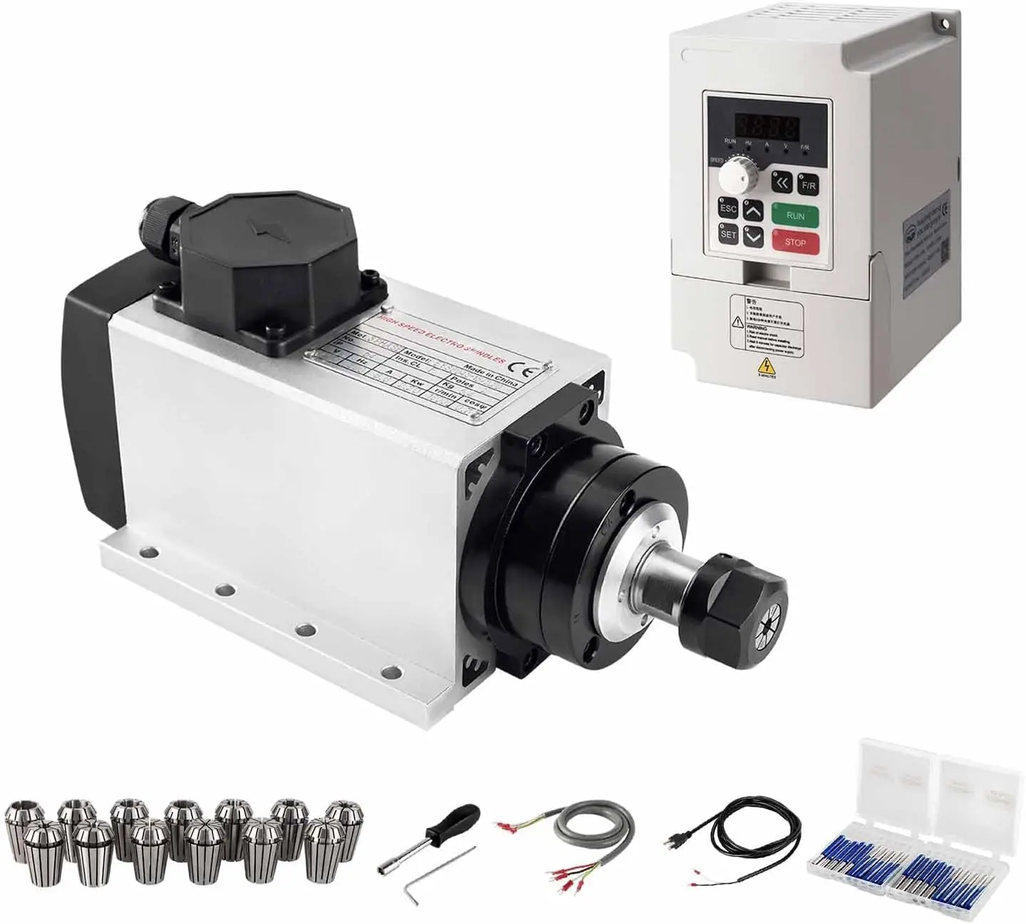 Cnc Spindle Kits, 110V 2.2Kw 2200W Air Cooled Spindle Motor Square Cnc Spindle Cnc Motor Spindle Motor + 2.2Kw Vfd + 13Pcs Er20