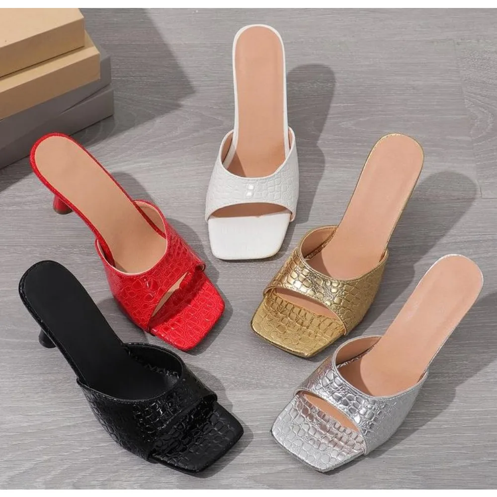 Women High Heels Slippers  Summer New Fashion Square Toe Flip Flops Sandals Design Open Toe Slingback Slides Female Pumps