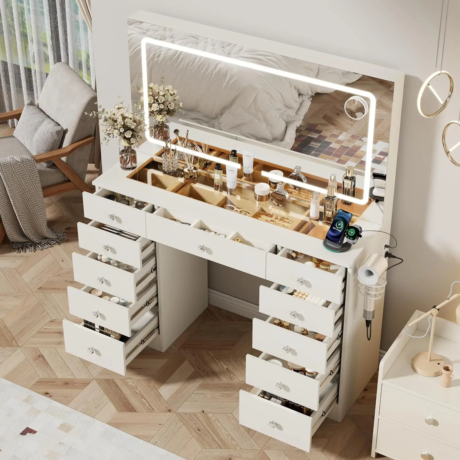 White Makeup Vanity for Bedroom, Glass Top, 11 Drawers, 3 Lighting Modes Adjustable Brightness
