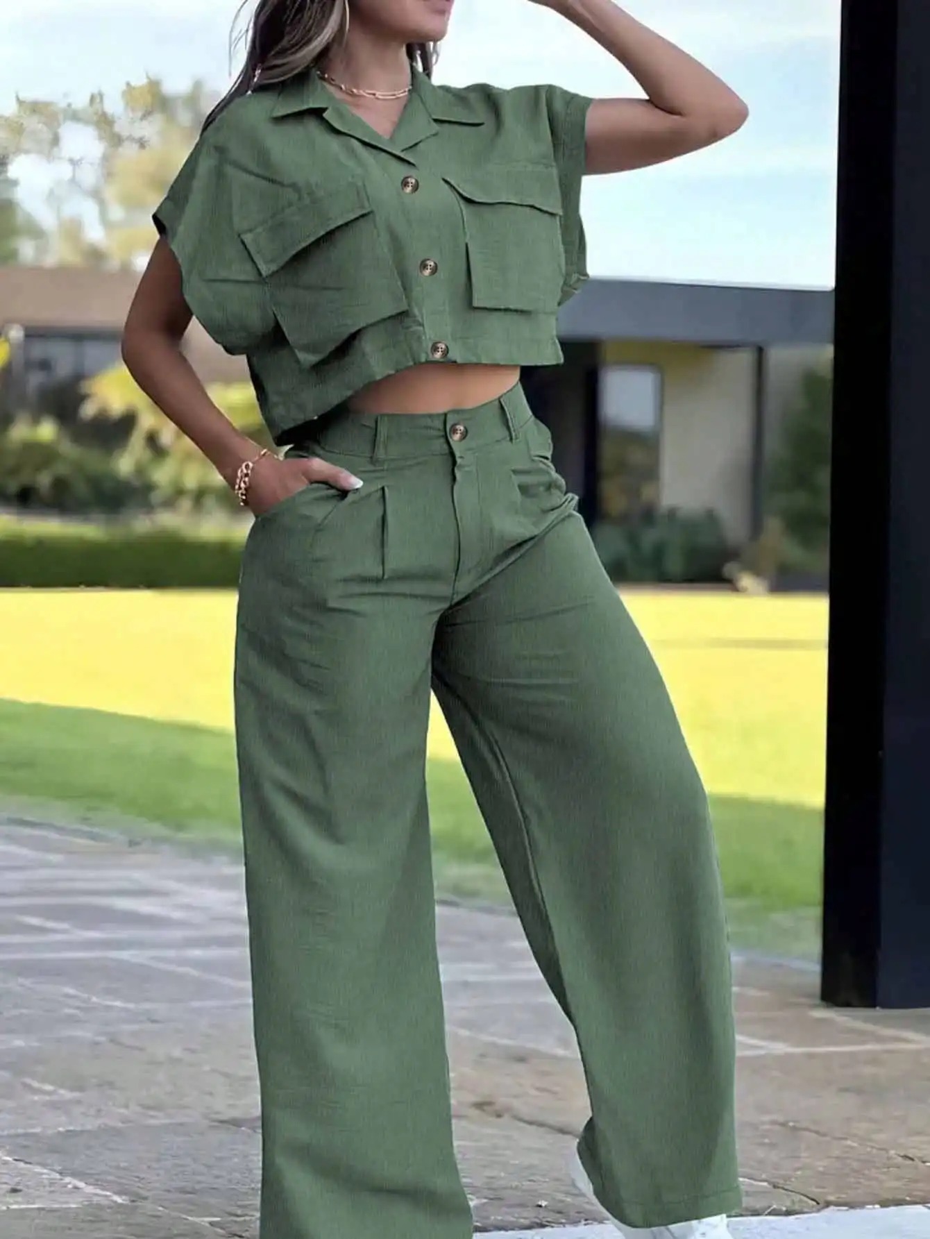 

Casual 2-Piece Set Short Sleeve Shirt And Wide Leg Pants Army Green