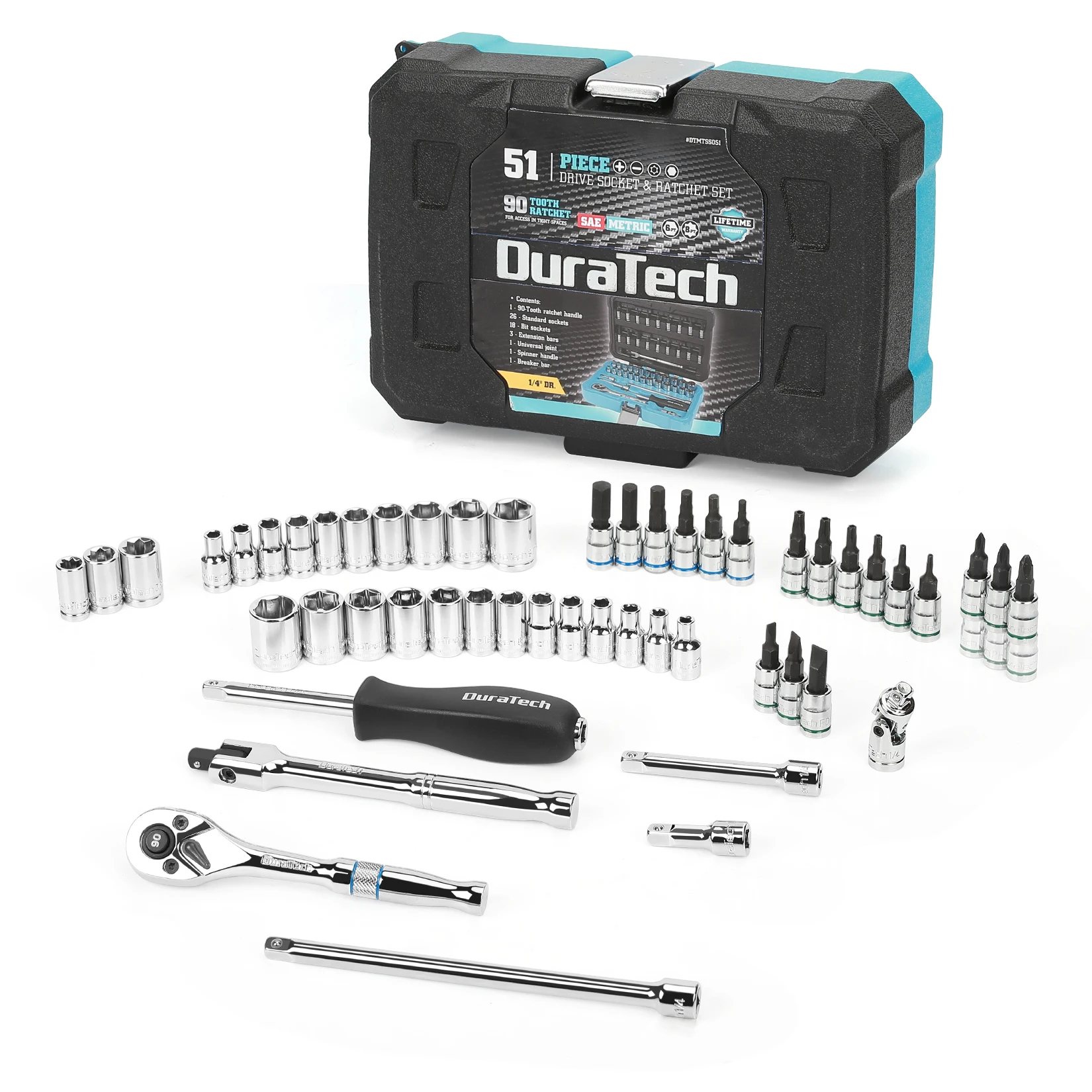 

DURATECH 1/4" Socket Set 51 Piece Tool Set Including Standard(SAE) and Metric Sockets, Bit Sockets, Ratchet and Universal Joint