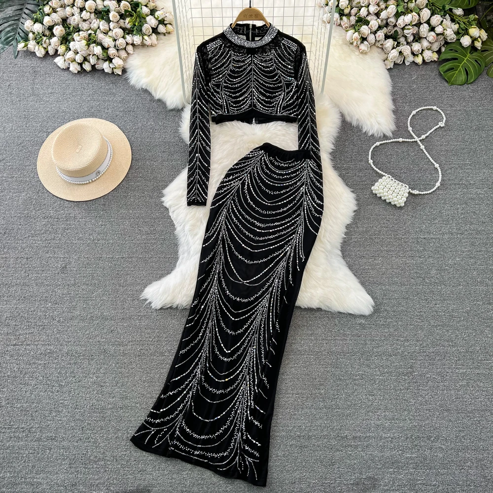 

Fashionable Long Sleeved Standing Neck Slim Fit with Diamond Inlaid Short Top+high Waisted Fishtail Skirt Two-piece Set