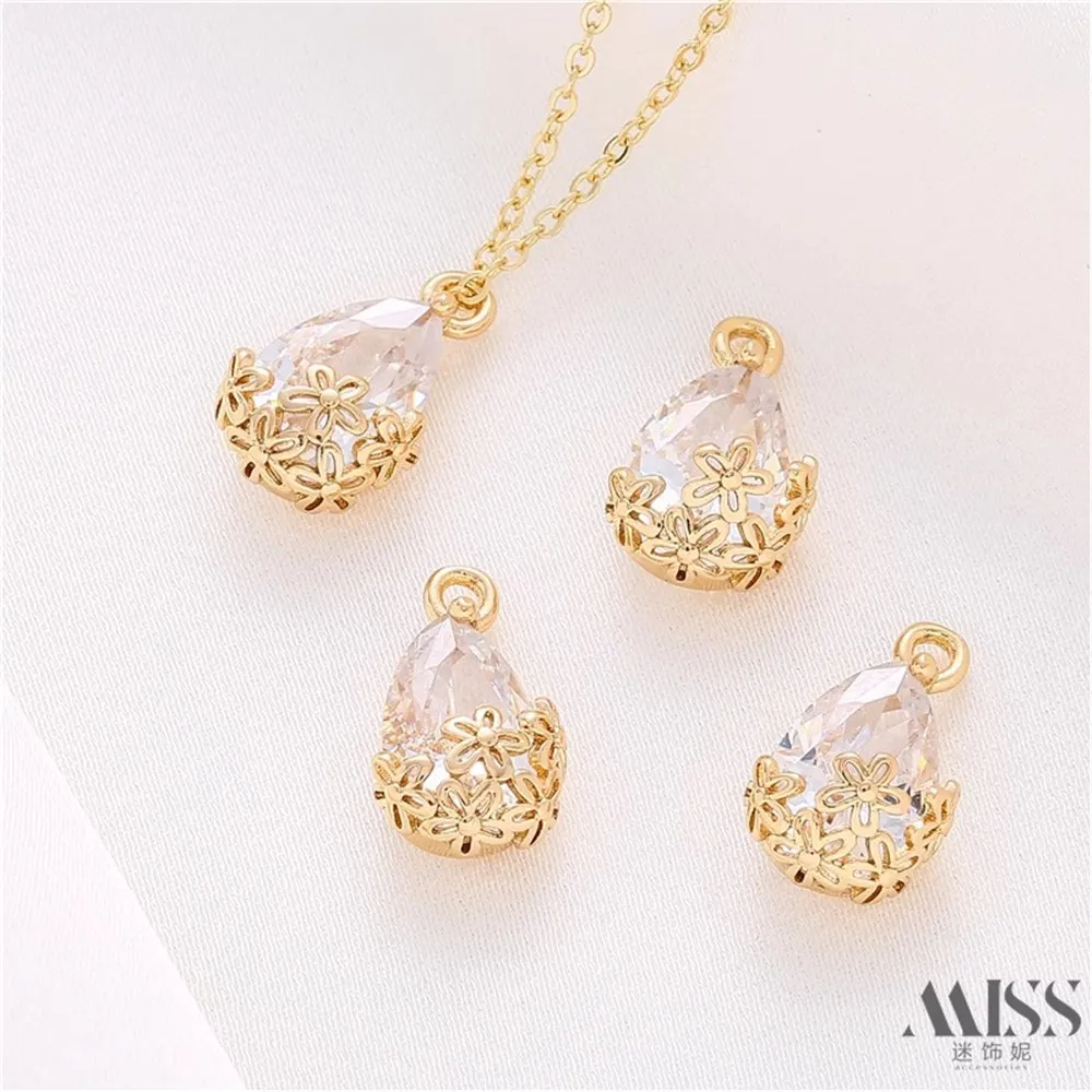 14K Gold Color Plum Blossom Lace Zircon Water Drop Pendant DIY Handmade Small Pendant Bracelet Necklace Accessories