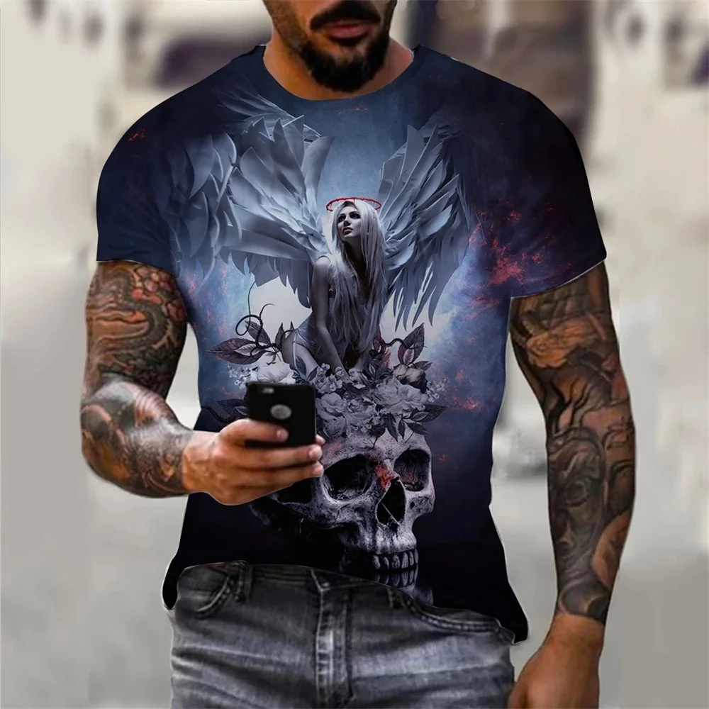 

Men T Shirts Double Skull Print Tee Shirt Graphic Tees Men's Summer y2k Clothing Short Sleeve Tee Harajuku Clothes Hot Sale