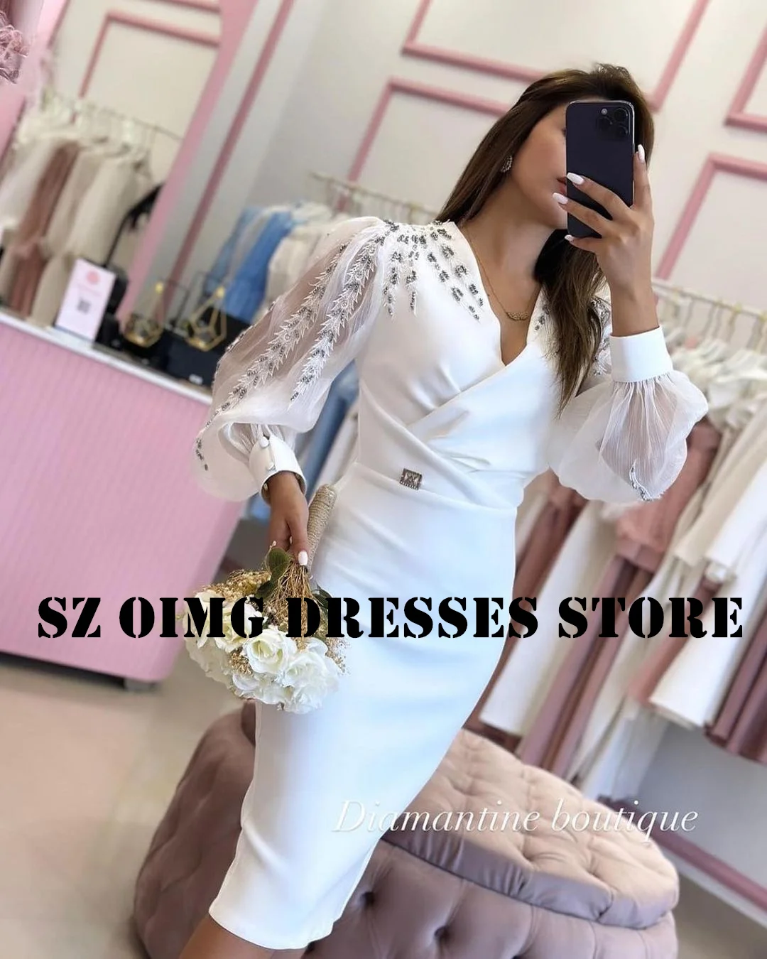 OIMG New Design Satin Beads Prom Dresses Arabic Women Tea Length Sheath Puff Sleeves White  Gowns Formal Party Dress Customized