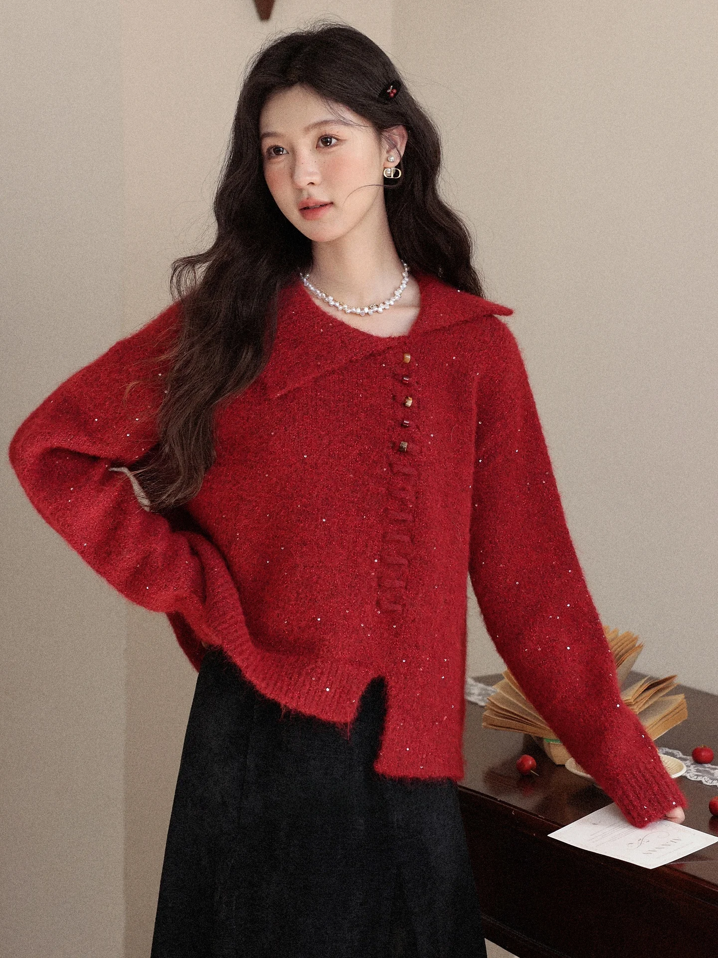 

South Deer Island Autumn Winter Women's Loose Long Sve Knitted Sweater Faion Outerwear Turn-down Collar Stripe Pattern