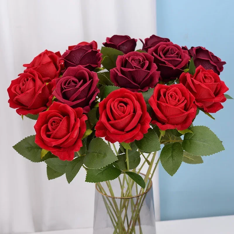 5Pcs Artificial Flowers Bouquet Red Velvet Fake Rose Flower for Wedding Home Table Decoration Christmas Valentine's Day Gift