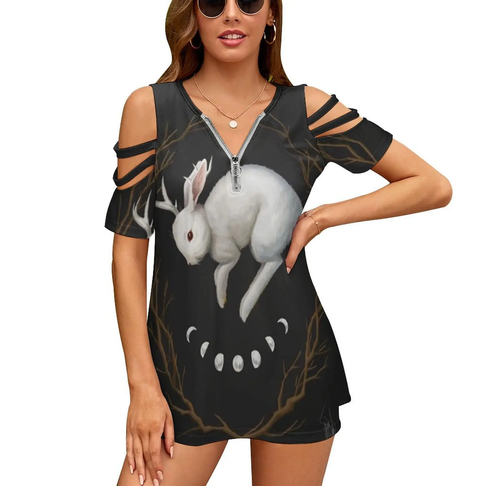 Midnight Run Women T-Shirt Crewneck Casual Short Sleeve Tops Summer Tees Witchy Goth Occult Jackalope Moon Phases Nature Dark