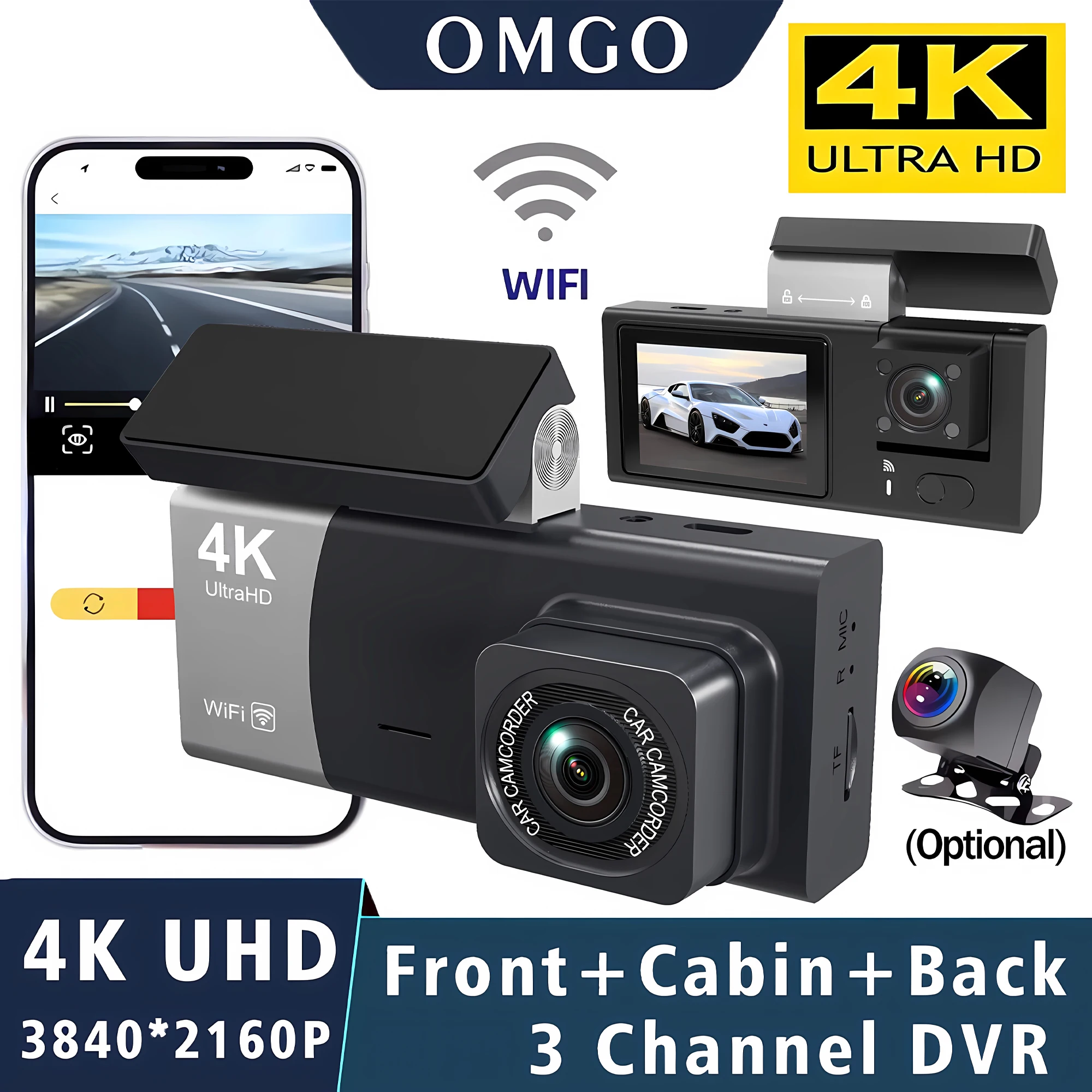 3 Channel 4K 2160P Car Dvr Video Recorder Wifi Front Cabin Rear View Camera DashCam Cars Camera 24H Parking Monitor Black Box