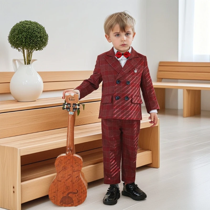 

Children Piano Performance Blazers Set Red Gentlemen Plaid Boys Suits for Weddings 2 To 12 Years Kids Birthdays New Year Outfits