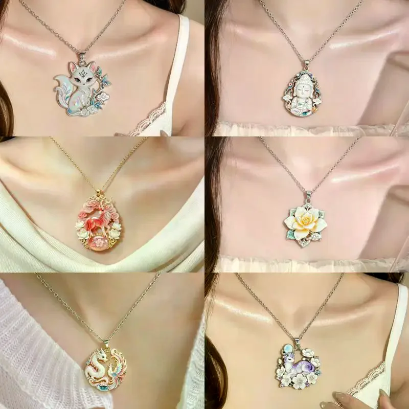 Nine Tailed Fox Enamel Pendant Necklace Cute Cartoon Mythology Design Lightweight Jewelry for Women Teen Girls Gift