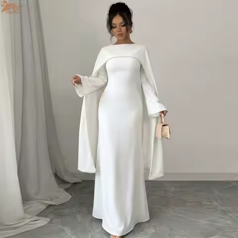 Islamic Clothing Luxury Maxi Dress Elegant Pearl Embellished Cape Sleeve Evening Dress Abaya Women Muslim Dress Closed Abaya Eid