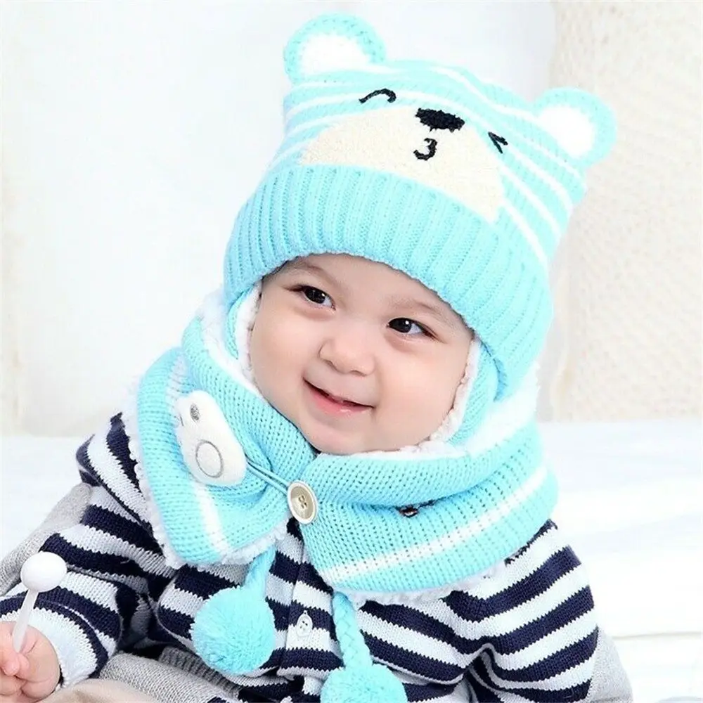 

Warm Cute Winter Toddler Knitwear Beanie Cap Bear Earmuff Hat Scarf Set Neck Scarf for Boys Girl
