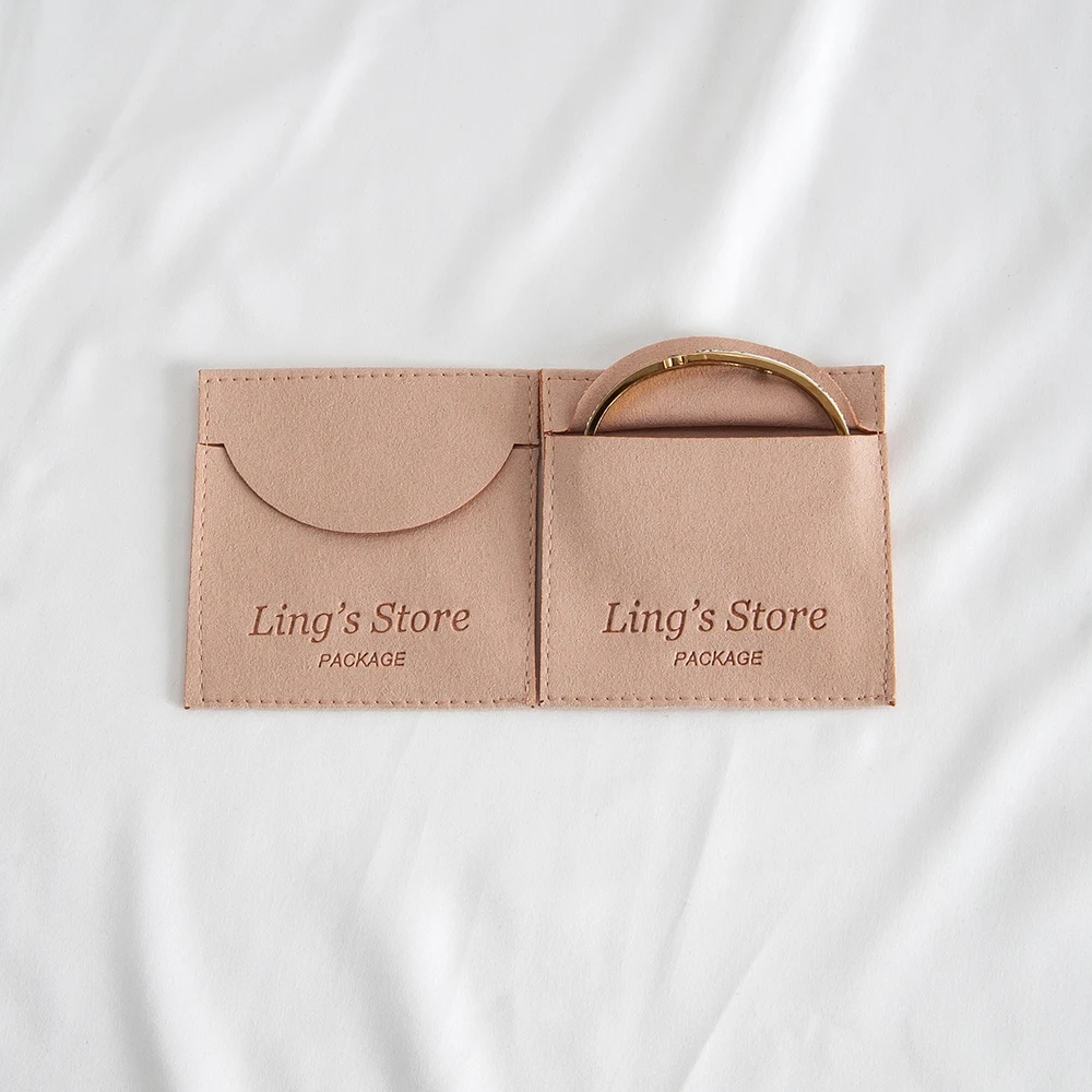 

50Pcs Peach Custom Logo Microfiber Jewelry Bag Velvet Envelope Pouches with Smile Cover Bracelet Packaging Pocket Wedding Favors