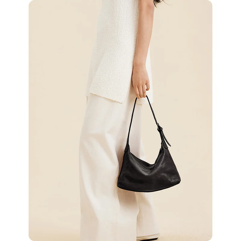 Qiuzhen أعلى الحبوب الخضار المدبوغة جلد البقر تحت الإبط حقيبة المتشرد حقيبة كتف عادية للتنقل حقيبة على شكل زلابية للنساء