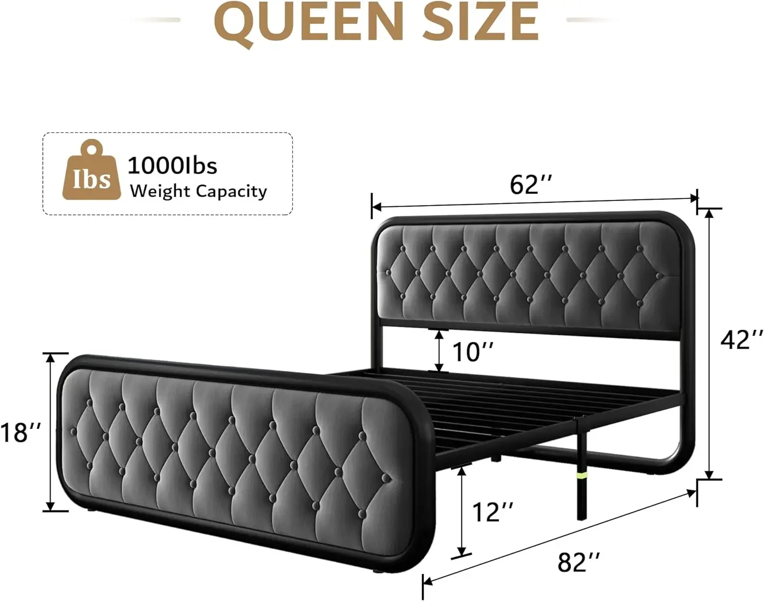 Metal Bed Frame with Button Tufted Headboard, Heavy-Duty Platform Bed Frame, Thicker Metal Steel Slats Support