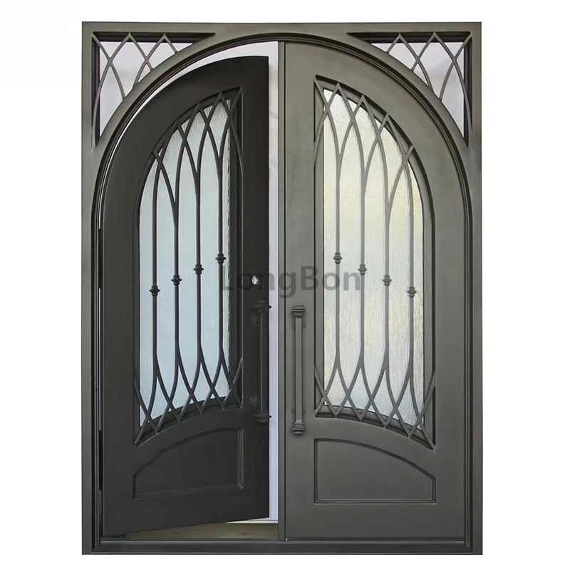 Custom black double wrought iron security door residence main front entrance and outer entrance, elegant decoration design