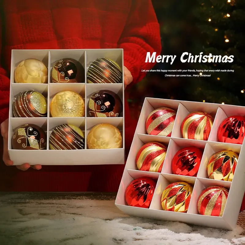 Festive 9 Pack 8cm Assorted Paint Design Christmas Balls Multi Tone Glossy Pendants For Indoor Xmas Tree DIY Dress Up Decoration