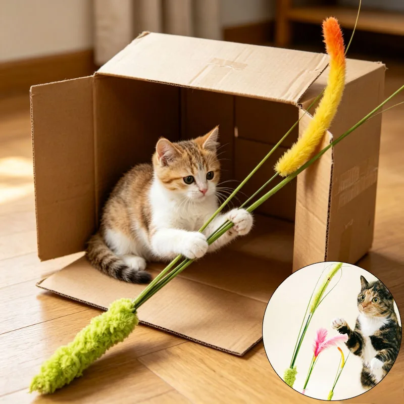 Neues Katzenspielzeug mit Grasfedern, Langer Stab zum Necken von Kätzchen, Bissresistentes Interaktives Katzenspielzeug