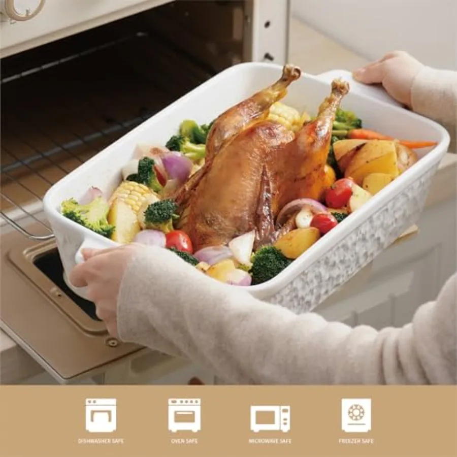 Cazuela rectangular grande de 4,2 cuartos para horno, bandeja para hornear de porcelana de 9x13 pulgadas de profundidad con asas, duradera y resistente al calor