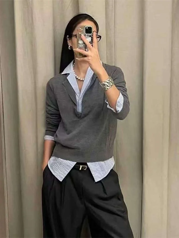 

Loose Fit Long Sve Ne Knitwear for Women Casual Sle Flat Needle Knitted irt Collar Turn down Collar Autumn New ...