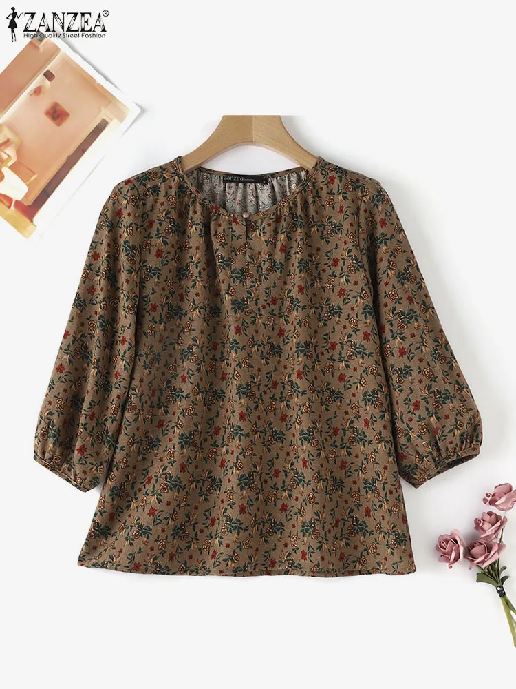 ZANZEA Summer Women Blouses 2024 Cotton Three Quarter Sleeve Floral Prints Shirt Casual Tops Blusas Oversize O Neck Beach Tunic