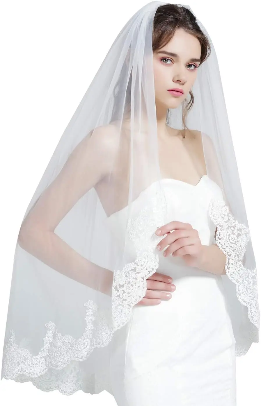 

Wedding Bridal Veil with Comb 1 Tier Lace Applique Edge Ivory Fingertip Length