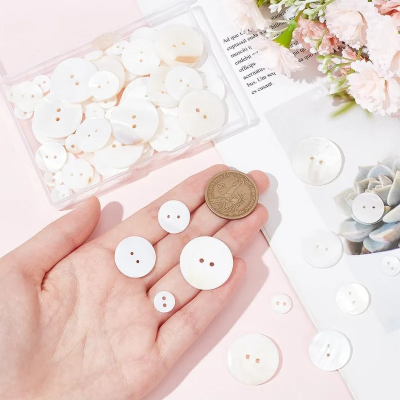 70pcs Shell Buttons Pearl Button Sewing Buttons 2 Hole 10/16/20/25mm White Genuine Mother of Pearl Buttons Flat Round Buttons