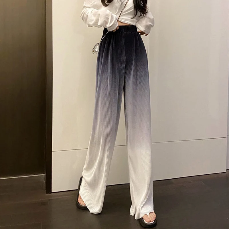 Vintage Gradient Color Wide Leg Pants Women Summer Thin Pleated Straight Trousers High Waist Elastic Streetwear Women Y2k Pants