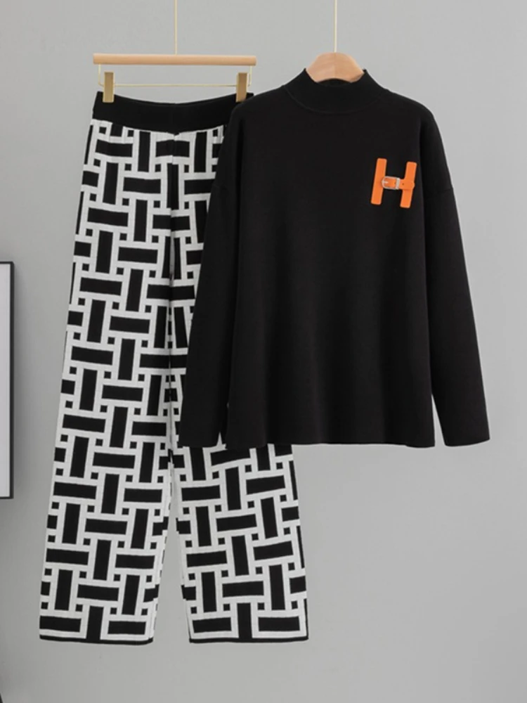 2025 New Simple Letter Knitted Loose T-shirt Sports and Leisure Wide Leg Pants Knitted Fashion Two Piece Set for Women