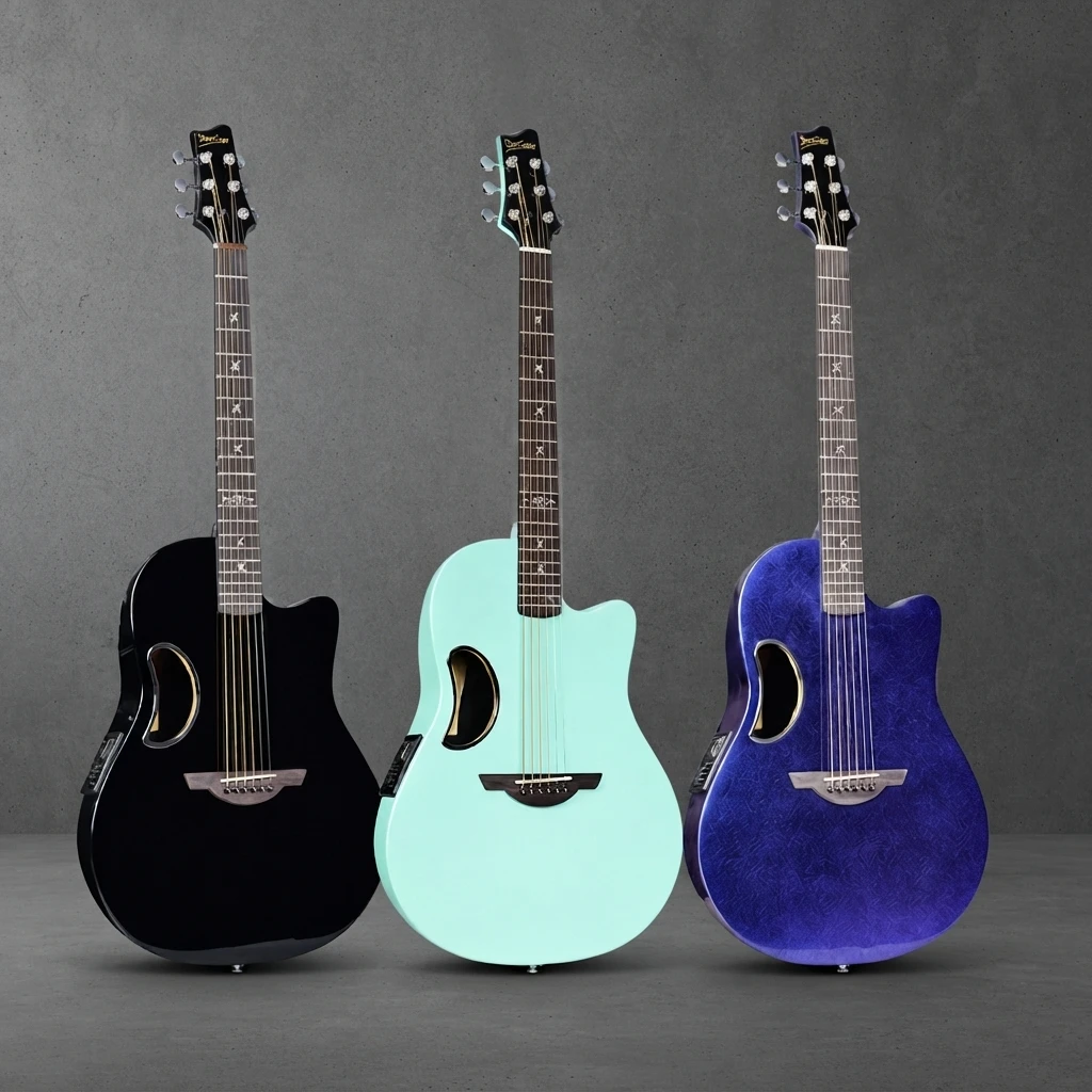 Carbon Fiber Electro Acoustic Guitar, Solid Top, Folk Style, Built-in EQ, Chrome Tuners, Gloss Finish, 6 Strings for Stage Use