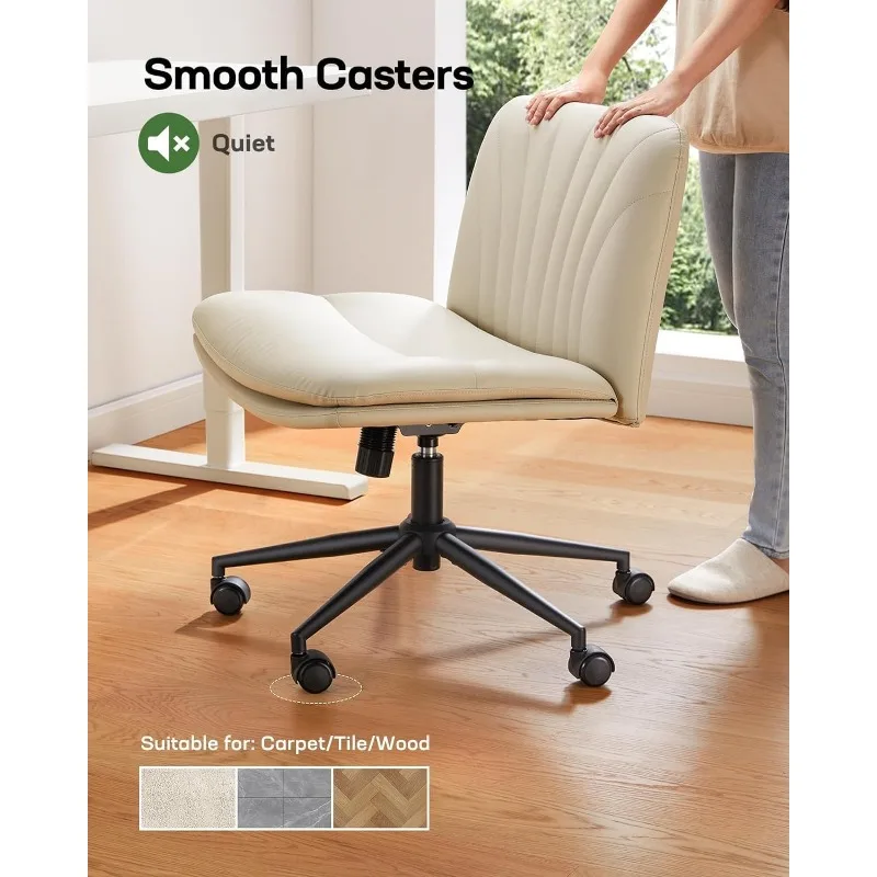 ArmlessOffice escritorio con silla de ruedas, silla ancha de cuero PU con patas cruzadas, cómodas sillas giratorias ajustables para computadora