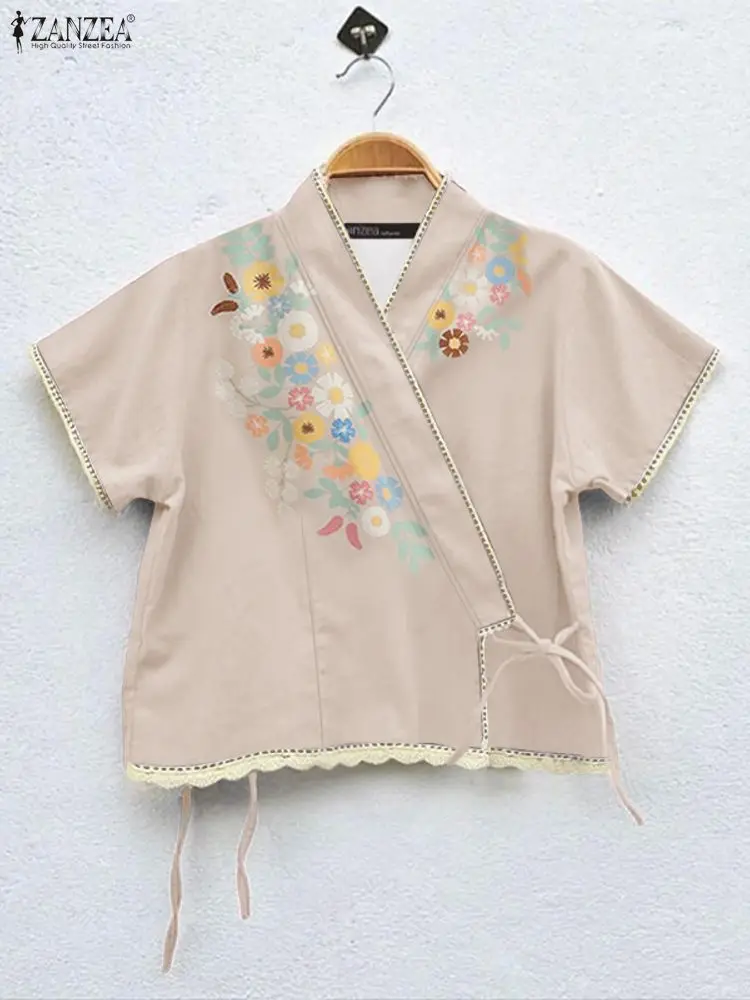 ZANZEA Casual Floral Print Lace Trim Women Blouses 2025 Summer Wrapped V-Neck Short Sleeve Lace-Up Front Blouse for Woman S-3XL