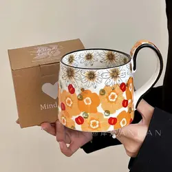 Hand-painted Flower Ceramic Cup, Chinese Retro Coffee Mug, Breakfast Milk Mugs, Original Gift Water Cups for High-end Couples