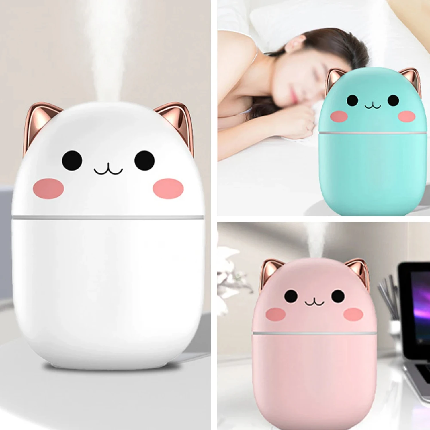 Umidificador de Ar Kawaii com Névoa Fria, Ideal para Quarto, Carro, Plantas, Novo, Eficaz e Elegante, Luz Noturna, 250ml