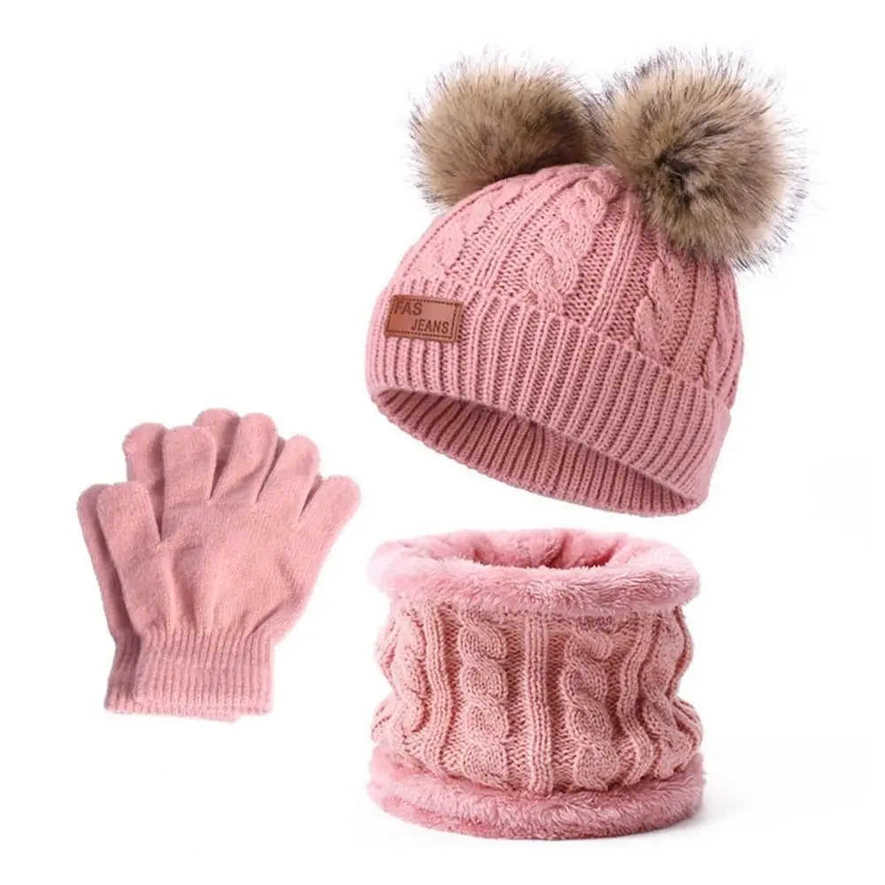 Solid Color Baby Hat Scarf Gloves Set Warm Thicken Knitted Beanie Toddler Bonnet Pompom Windproof Winter Hat Scarf Gloves view 2