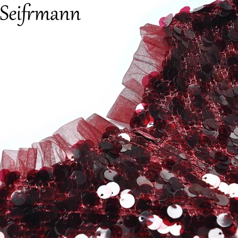 Seifrmann 2026 Spring Women's New Fashionable Round Neck Long Sleeve Glitter Splicing Mesh Waist Cinching Dress - view 5