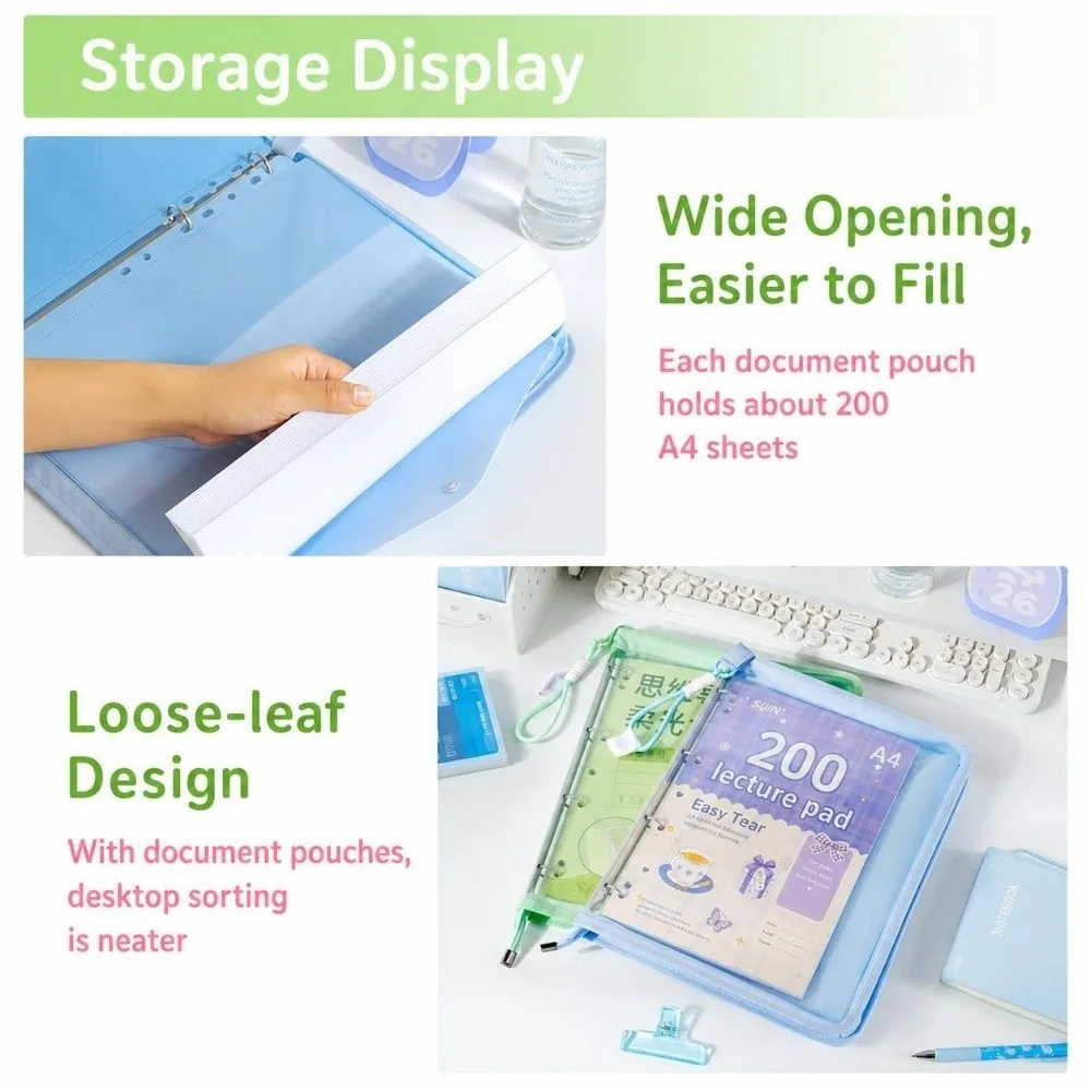 Large-capacity 4-Hole Loose-leaf A4 Binder Folder, with Handle Zipper Document Pouch Transparent Paper Organizer Students