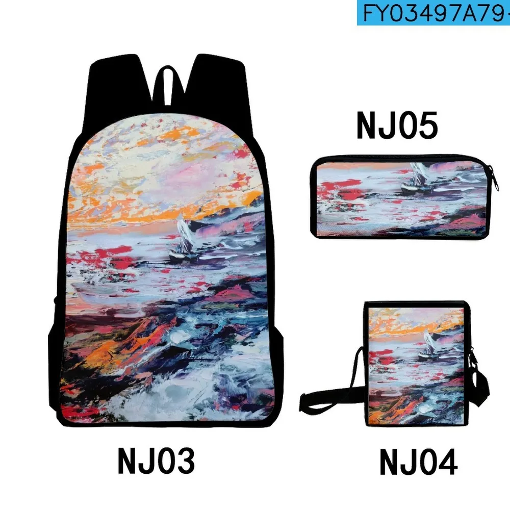 Trendy Tie dye graffiti oil painting 3D Print 3pcs/Set School Bags Laptop Daypack Backpack Inclined shoulder bag Pencil Case