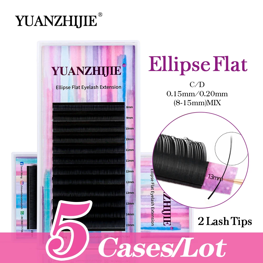 

YUANZHIJIE 5cases Ellipse Flat Eyelash Extensions 8-15 Mix Length 0.15/0.20mm Thickness C/D Curl Matte Faux Mink False Eyelashes