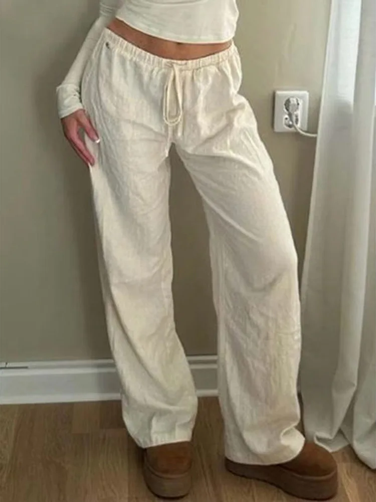 Pantalones casuales sencillos con cordón de color sólido para mujer, él es sueltos, modernos, estilo de tubo recto, perezosos y cómodos.