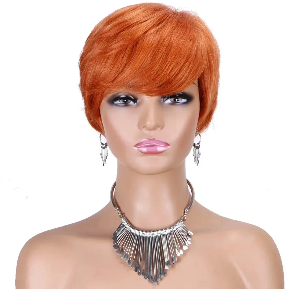 Machine Made Orange Short Layered Human Hair Wigs with Bangs Ginger Pixie Cut Human Hair Black Wigs Party Daily Use