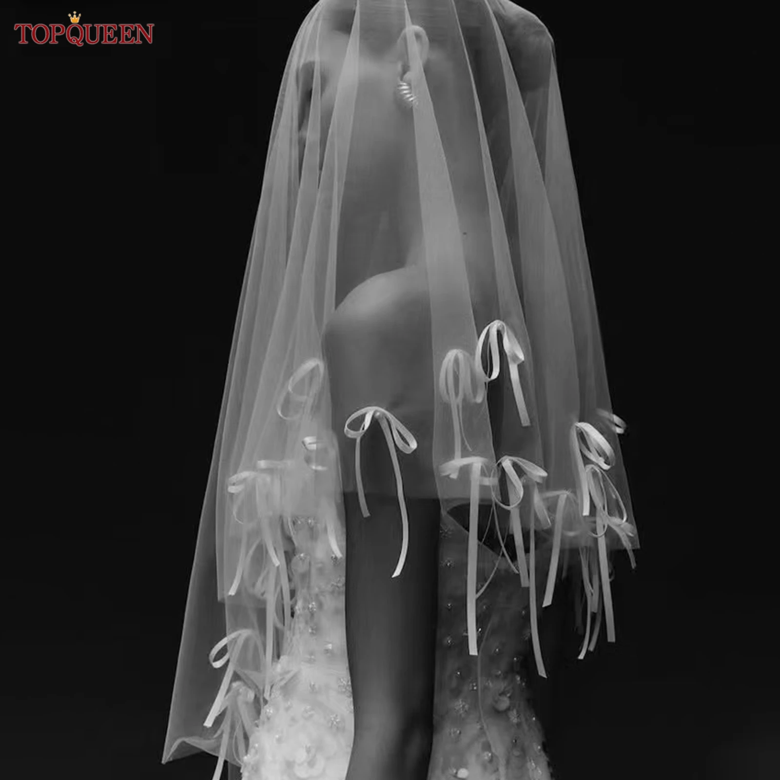

TOPQUEEN новая вуаль с бантом, декоративная лента, короткие свадебные аксессуары, свадебные принадлежности, румяна Velo De Novias на заказ M139