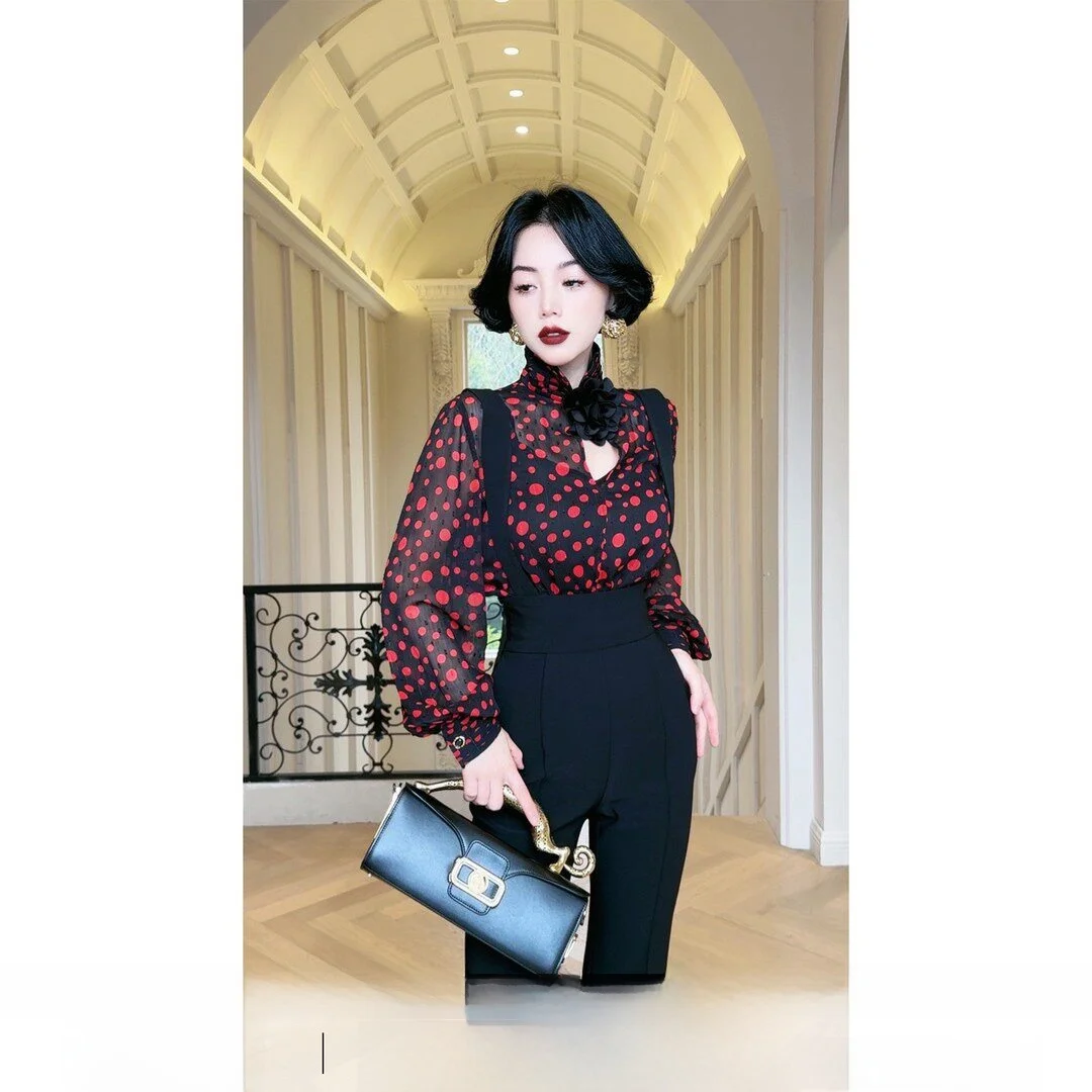 

LYXJ Early Spring New Style Slimming Shirt Rose Design Casual Loose Fit Long Sleeve Women's Premium Quality Polyester Blouse