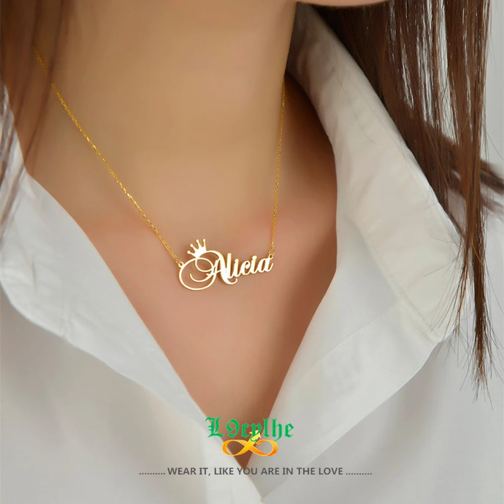 

Personalised Name Statement Necklace with Crown Christmas Gift Custom Name Pendant Necklaces For Women