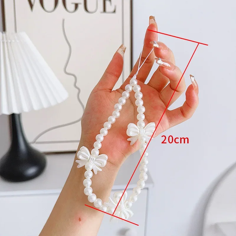 سلسلة هاتف لؤلؤية على شكل قلب مع فيونكة بيضاء من كوريا للنساء والفتيات حبل مطرز للهاتف إكسسوارات مضادة للفقدان هدية مجوهرات السيارة - 6