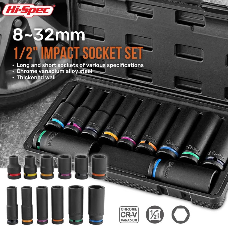 

Hi-Spec 6/11PC 1/2" Drive Impact Socket Set with 78mm Long Sockets (10-24mm) & Hardened Case, Professional Auto Repair Tools