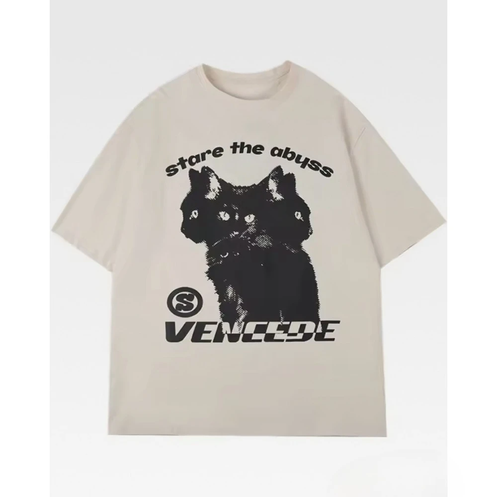 T-Shirt Men Women Stare The Abyss Cat Letter Vintage Y2K Grunge Streetwear Loose Casual Tee Top