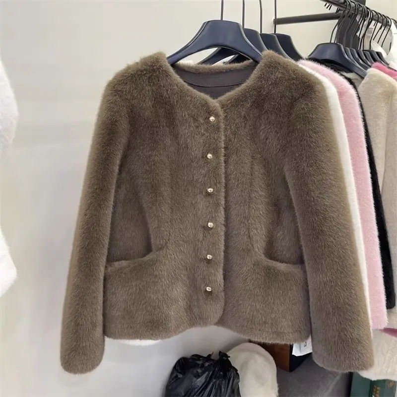 معطف فرو المنك المزيف من Ele ort مستدير Ne Thiened للخريف والشتاء للسيدات Faion Quali Top Ladies Premium ort Jaet #5