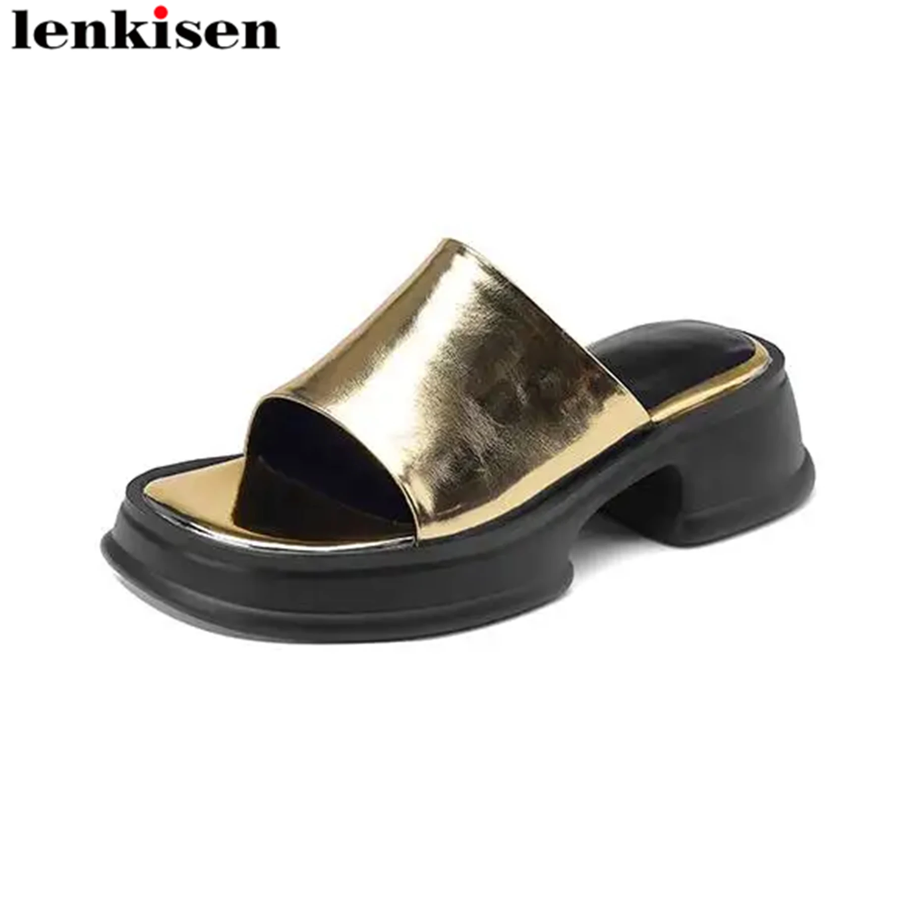 

Lenkisen Sheepskin Fashion Med Heels Slingback Mules Slip On Gold Silver Peep Toe Summer Casual Vacation Platform Women Sandals